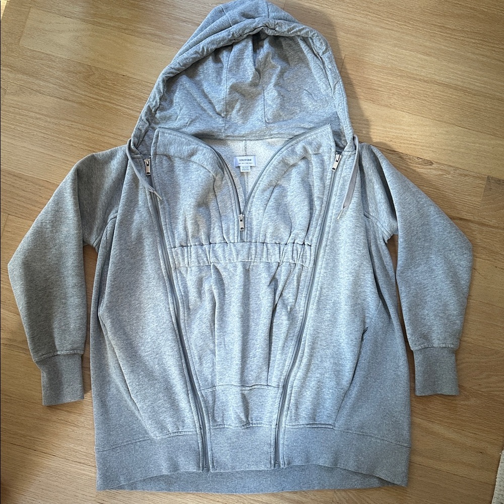 Seraphine grey 3 in 1 relaxed fit maternity hoodie with baby wearing attachment